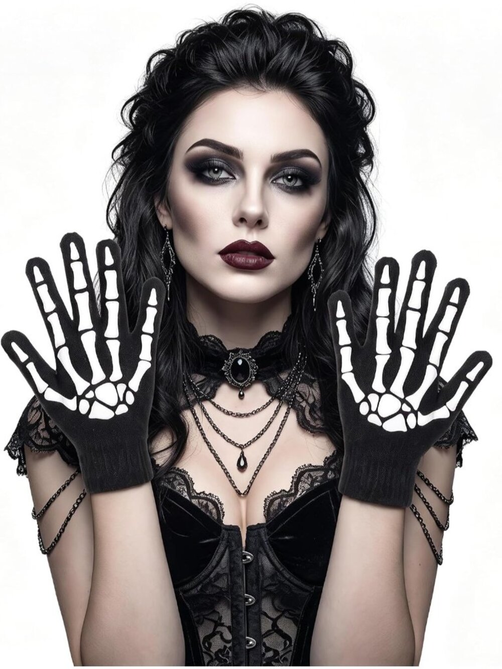 Women's Black Fingerless Parties Outfits Halloween Cosplay Skeleton Goth Gloves